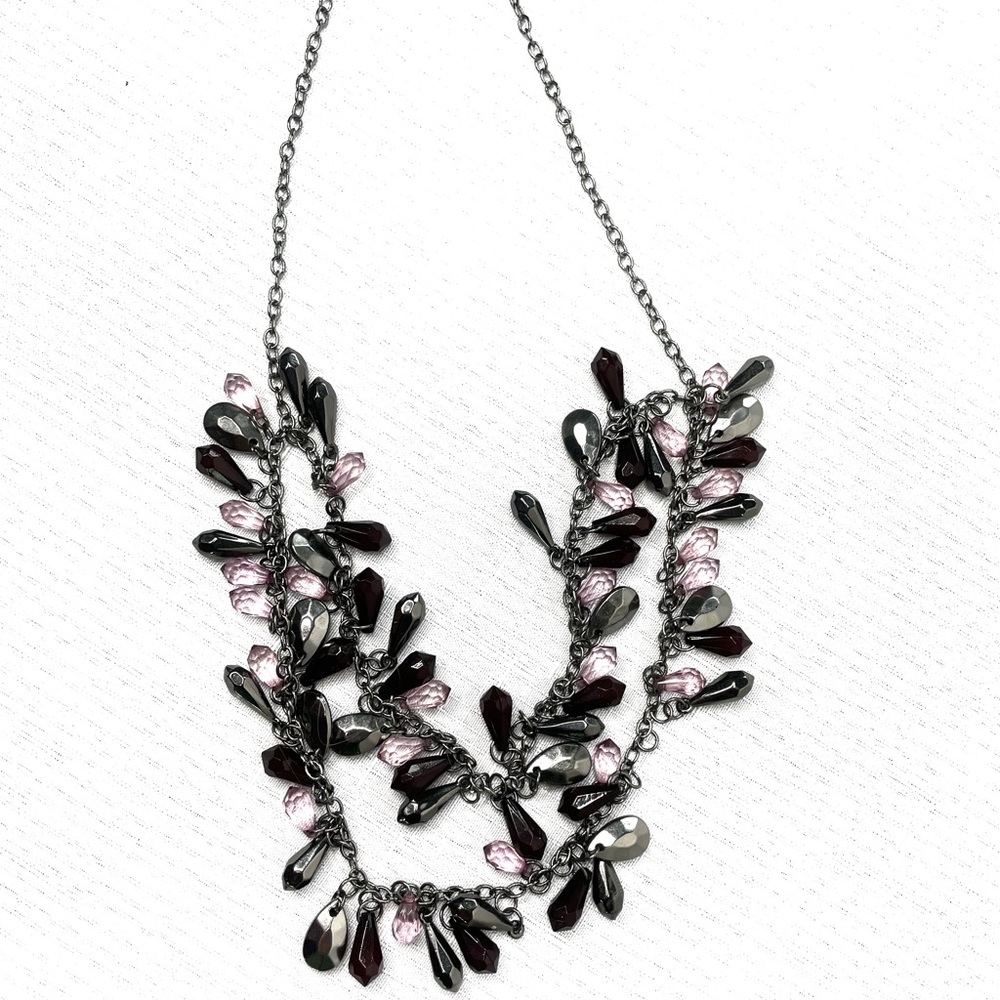 Vintage Gunmetal Multi Strand Beaded Statement Necklace Purple Black Gray